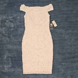 Adrianna Papell Off Shoulder White Sequined Dress